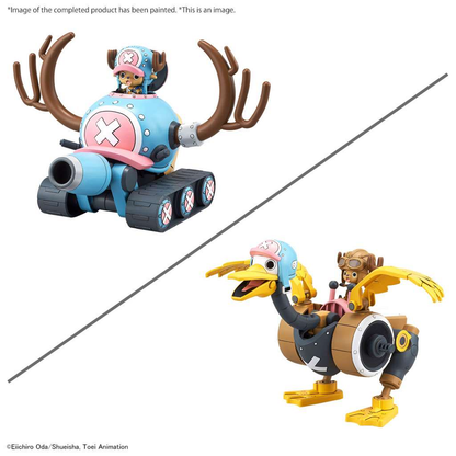 One Piece Chopper Robo 1&2 (Chopper Tank & Chopper Wing). Two toy figures on a white background, one resembling a character with antlers and a blue shell, the other resembling a character on a bird-like vehicle.