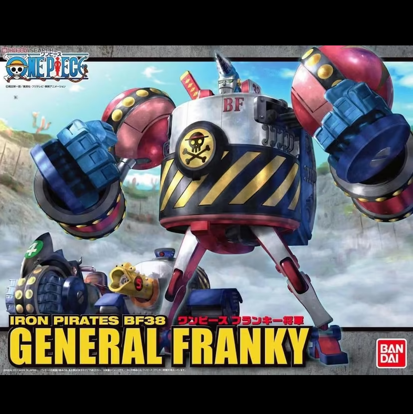 A model kit of One Piece Iron Pirates BF38 General Franky, approximately 200 mm tall, featuring moveable fingers and parts to represent General Cannon and General Shield.