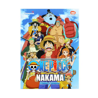 One Piece anime poster featuring characters with a blue sky background. One Piece Nakama: Friends & Enemies Card Game