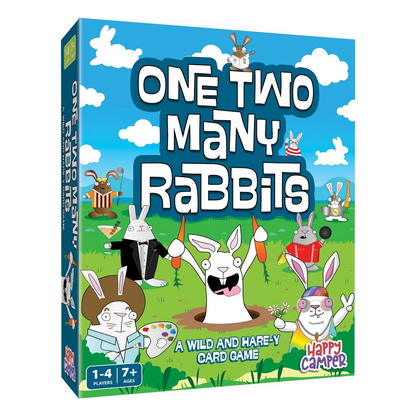 Board game box for 'One Two Many Rabbits' with cartoon rabbits on a blue sky background. One Two Many Rabbits