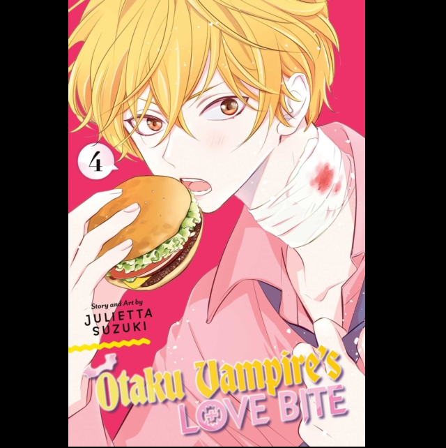 Otaku Vampire's Love Bite, Vol. 4. Manga book cover featuring an anime character with a hamburger, on a pink background.