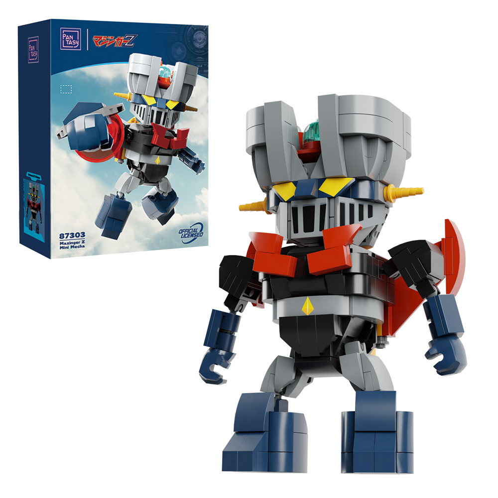 Toy robot figure with a box in the background. PanTasy Mazinger Z Mini Mecha Super Robot brick model kit with 357 pieces
