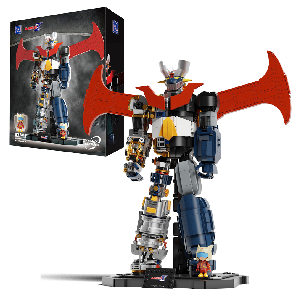 Toy robot figure with red and blue design next to its packaging on a white background. PanTasy Mechanical Mazinger Z Super Robot Brick Model Kit