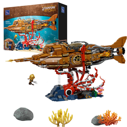 Steampunk-style toy submarine set with packaging and accessories on a white background. PanTasy Nautilus Steampunk Submarine brick model kit