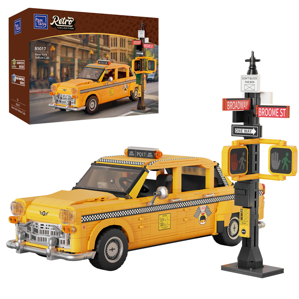 Yellow taxi model toy with street sign and traffic light on a white background. PanTasy New York Yellow Taxi Cab brick model kit