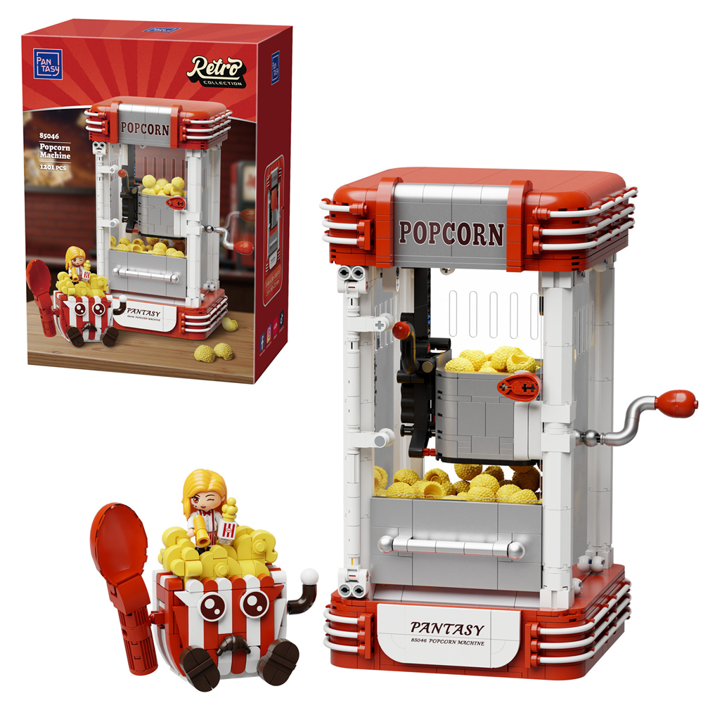 Popcorn machine toy set with red and white design, including a box in the background. PanTasy Retro Popcorn Maker Machine brick model kit