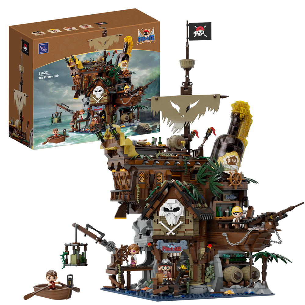 Pirate ship model toy with detailed features and a box in the background