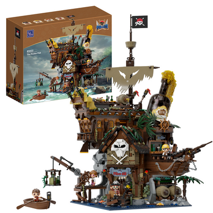 Pirate ship model toy with detailed features and a box in the background
