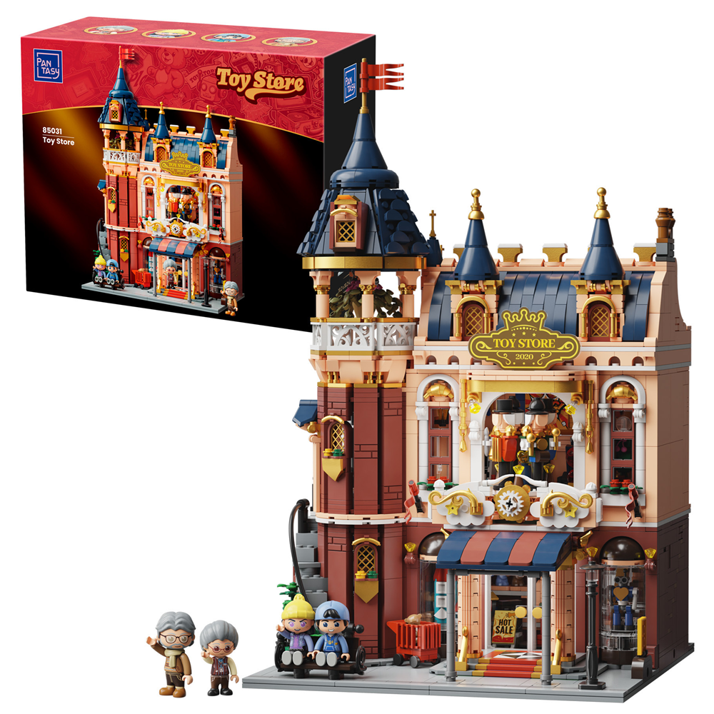 Toy store building model with figures and packaging in the background