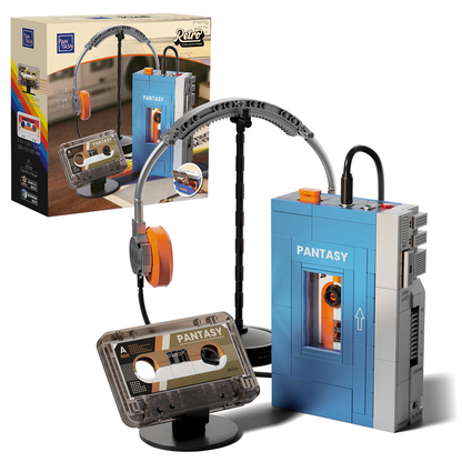 Pantasy Cassette Player 1980s retro brick building set with headphones tapes and display stands metallic blue finish model kit