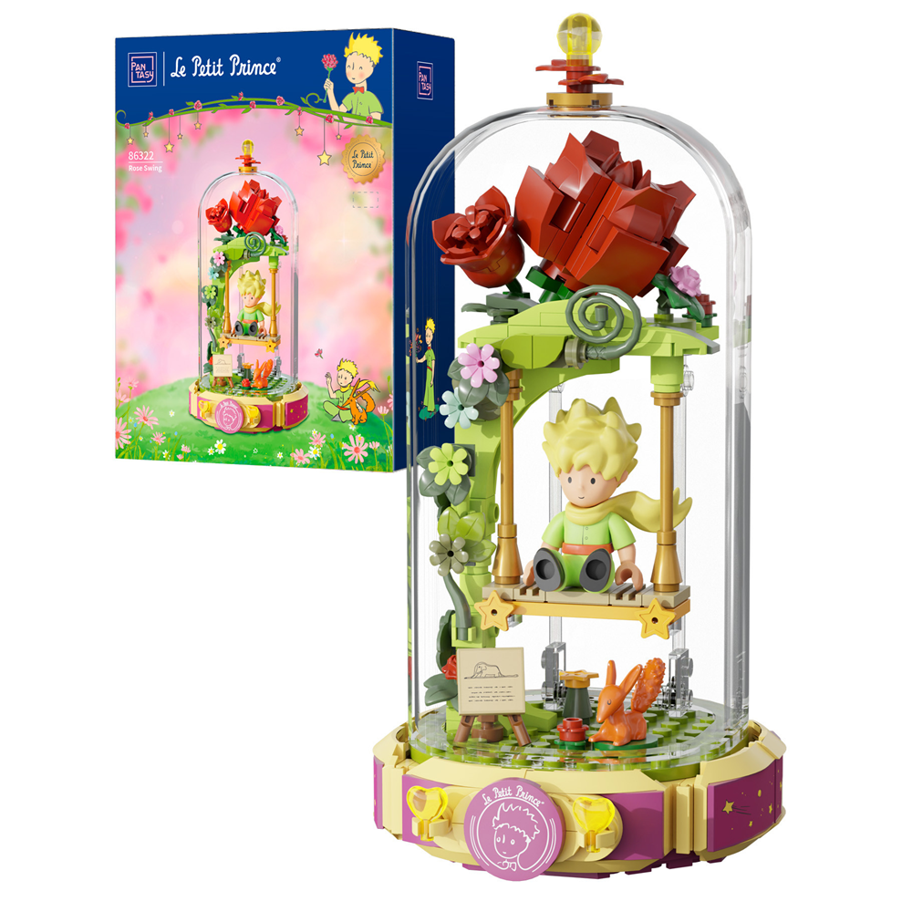 Pantasy Le Petit Prince Rose Swing brick building set display model with prince fox floral swing dome interior scene
