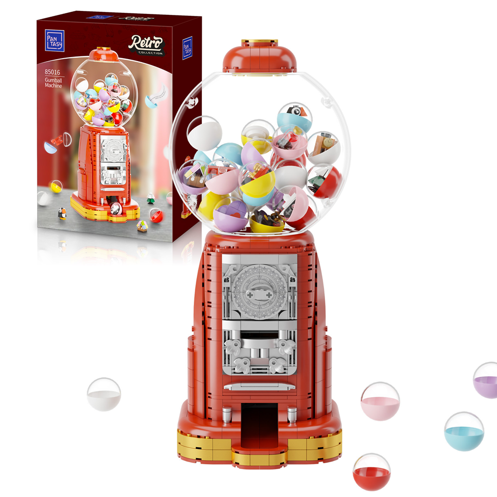 Pantasy Retro Gumball Machine brick building set interactive capsule dispenser model with interior toy shop and coin mechanism