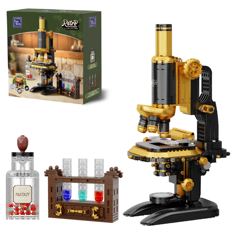 Pantasy Retro Microscope brick building set vintage laboratory model with adjustable arm test tube rack reagent bottles and display accessories