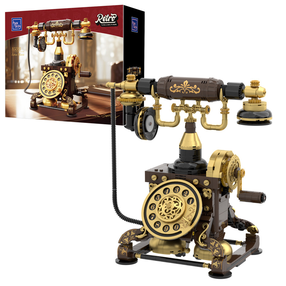 Pantasy Retro Rotary Telephone brick building set vintage desktop phone model with rotating dial receiver and gold detail designed by James May