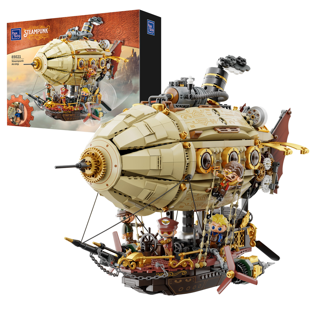 Pantasy Steampunk Airship brick building set retro futuristic Zeppelin model with rotating propellers gears tail fins and mini figures