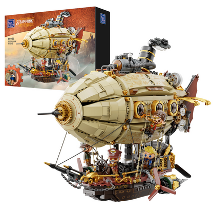 Pantasy Steampunk Airship brick building set retro futuristic Zeppelin model with rotating propellers gears tail fins and mini figures