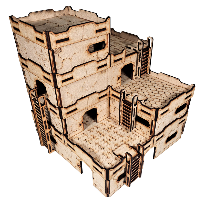Paradiso MDF terrain kit. A multi-tiered, laser-cut structure combining Bourak, Varuna, Yutang-Shentang, and Svalarheima terrain kits. Ideal for Infinity wargaming
