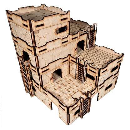 Paradiso MDF terrain kit. A multi-tiered, laser-cut structure combining Bourak, Varuna, Yutang-Shentang, and Svalarheima terrain kits. Ideal for Infinity wargaming
