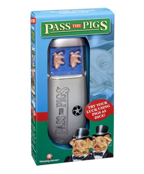 Pass the Pigs novelty metal tin in its original blue and green Winning Moves retail packaging, featuring two pig-shaped charms on the lid and illustrations of pigs in top hats at the bottom. Pass The Pigs classic travel game in silver carry case