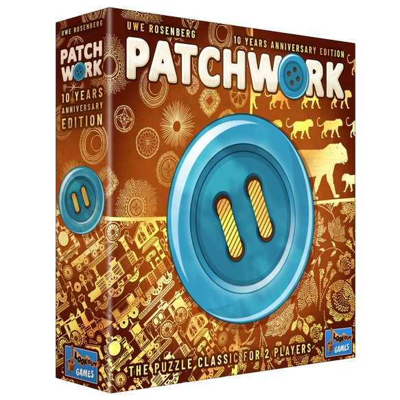 Patchwork: 10th Anniversary Edition is a 2-player board game where players create stunning quilts using patches and buttons, featuring solo play options.