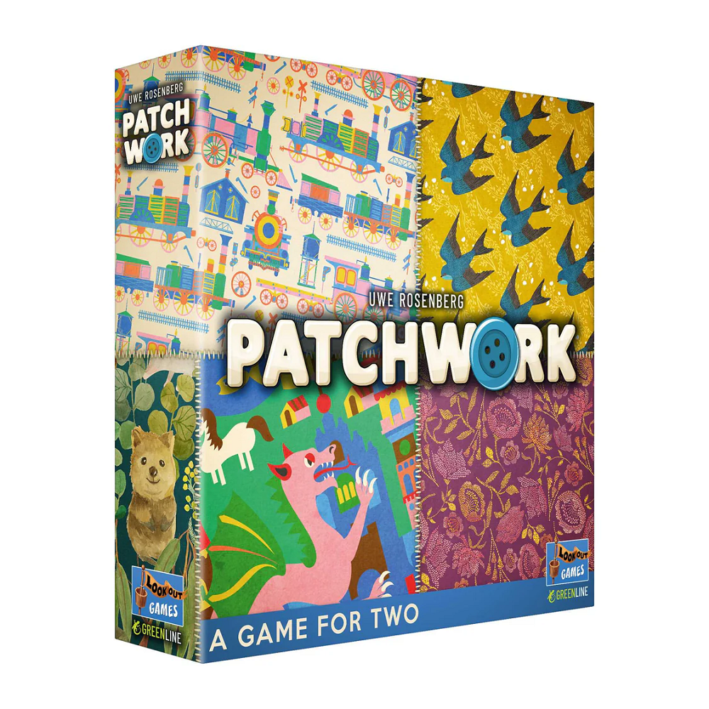 Patchwork board game box with colorful patterns and text