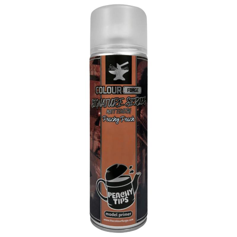 An image of a rattle can spray with Peachy Tips tea pot image on it. A 500ml can of Colour Forge Signature Series Model Primer Peachy Peach. A matt finish model primer which is a colour match to Games Workshop Citadel Cadian Fleshtone.