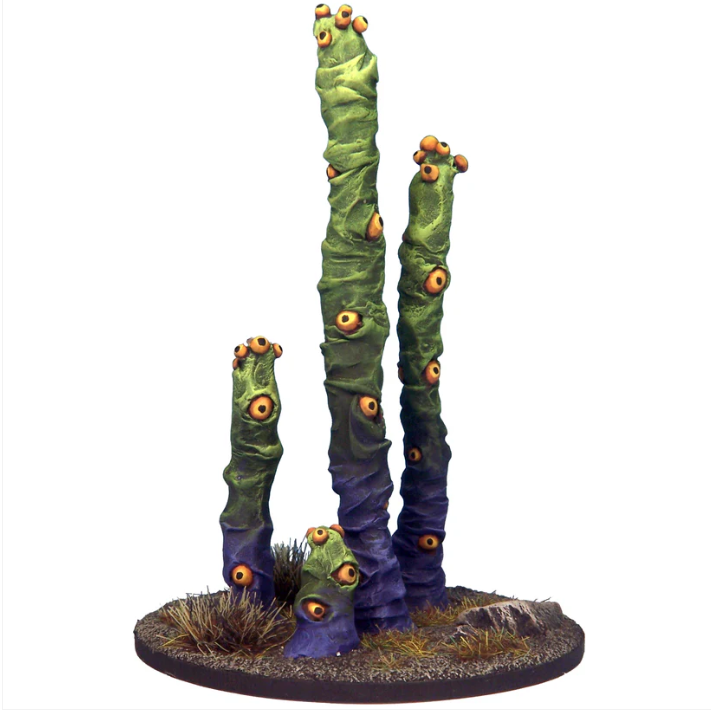 The Peepers miniature showcases tall fungi-style plants with eyes, cast in white resin and awaiting assembly, ideal for a striking presence in any tabletop game setting.