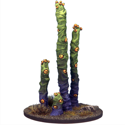 The Peepers miniature showcases tall fungi-style plants with eyes, cast in white resin and awaiting assembly, ideal for a striking presence in any tabletop game setting.