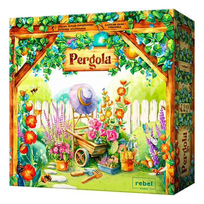 Board game featuring components for gardening, including flower tokens, insect figures, action boards, and tools, designed for players aged 10 and up.