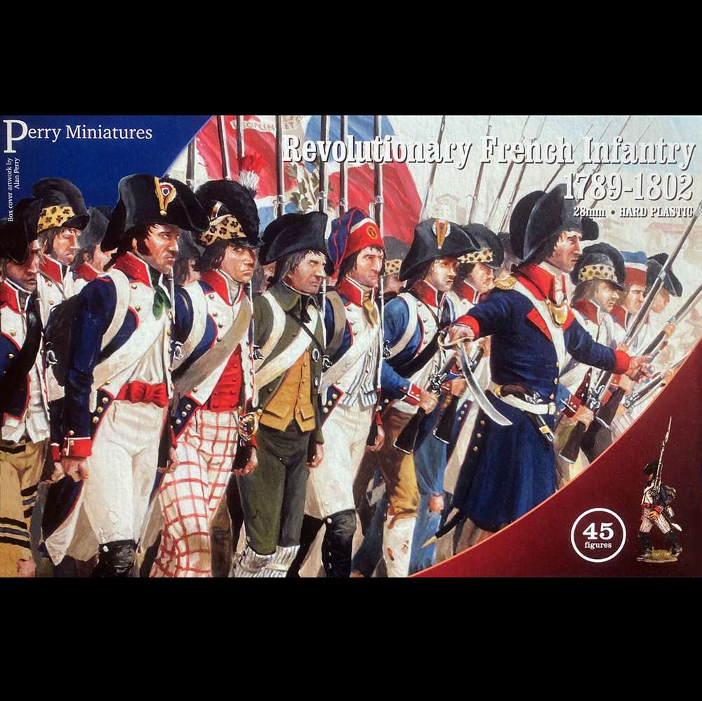 Box art for Perry Miniatures 'Revolutionary French Infantry 1775-1802' 35mm hard plastic miniatures, showing a painted historical battle scene with soldiers in blue, white, red, and green uniforms against a blue sky and white ship rigging background. Perry Miniatures Revolutionary French Infantry 1789-1802 45 unpainted historical wargaming figures