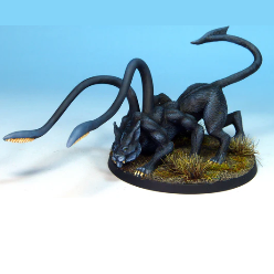 Six-legged muscular feline miniature with lynx-like face, tentacles on its shoulders and barbed tail, posed mid-stride with detailed sculpting.