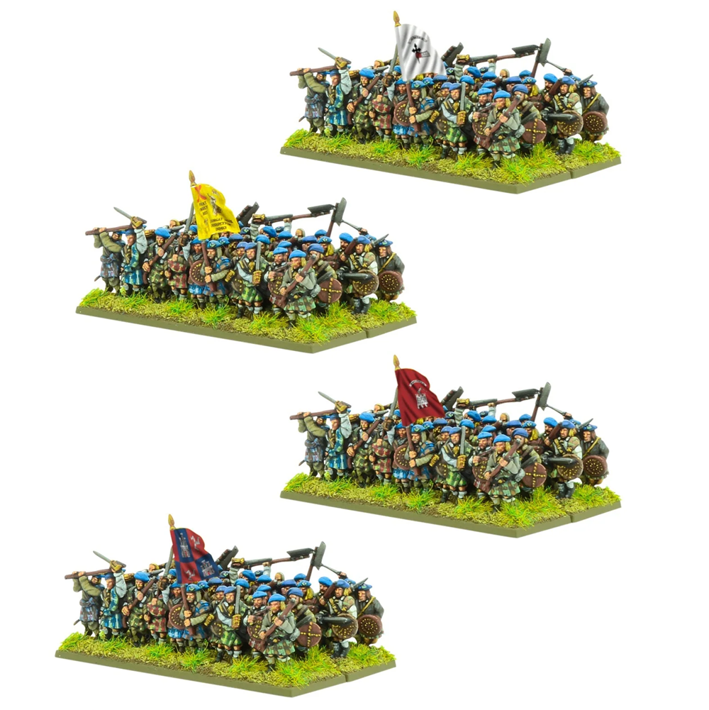 Warlord Games Pike & Shotte Epic Battles Highland Clansmen. Four miniature sets of soldiers on grassy bases with flags on a white background