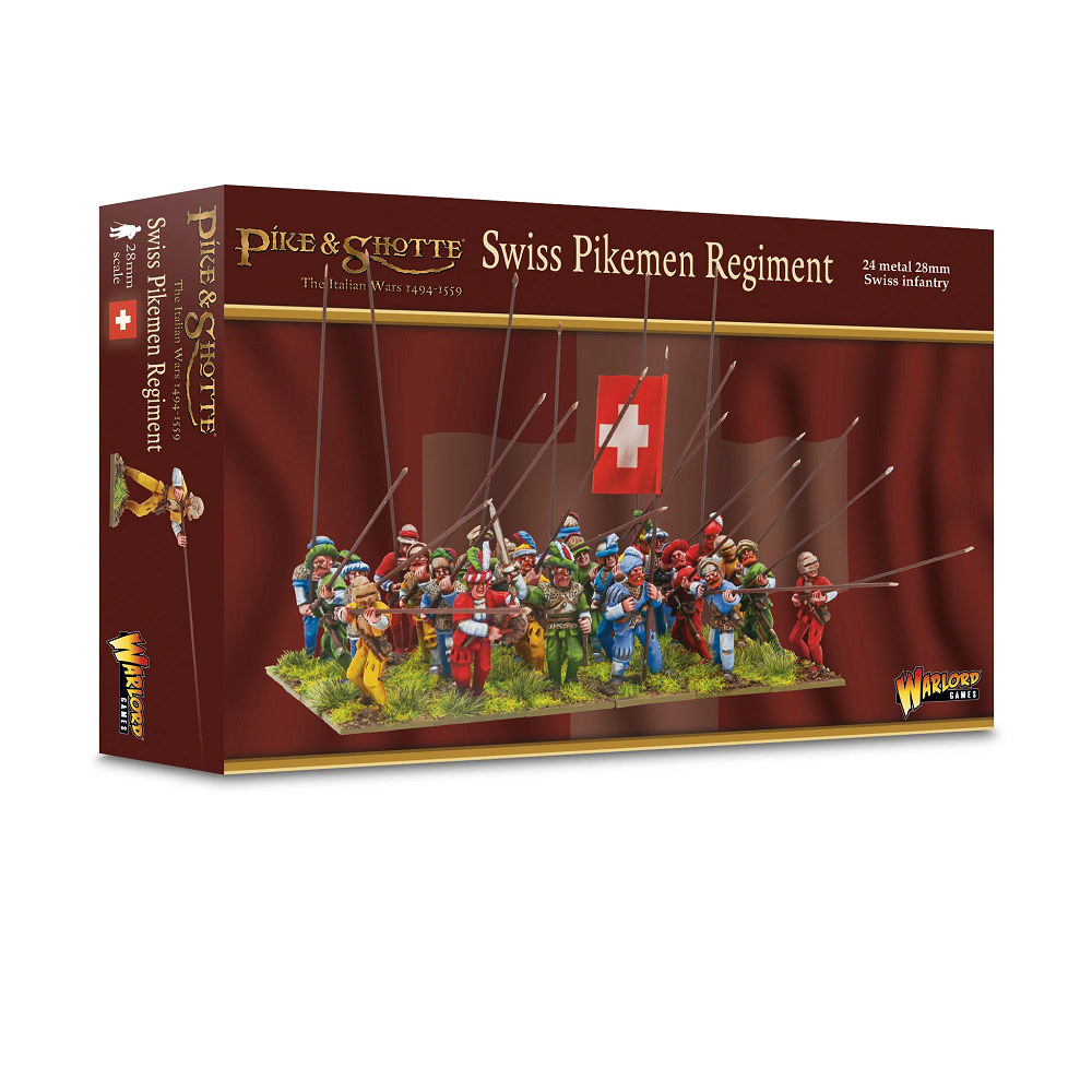Pike & Shotte Italian Wars Swiss Pikemen Regiment. Boxed set of Pike & Shotte Swiss Pikemen Regiment with figures on a white background