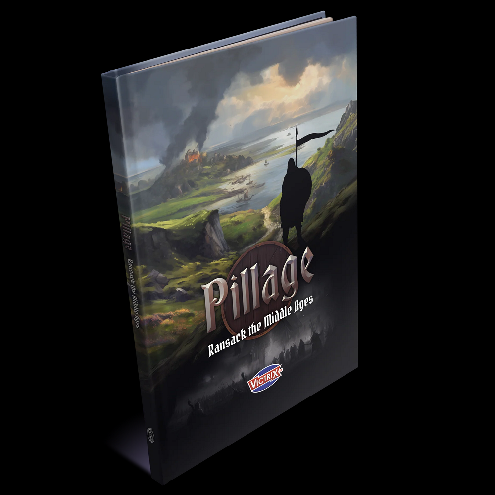 Book titled 'Pillage: Ransack the Middle Ages' with a cover illustration of a landscape and silhouette on a black background.