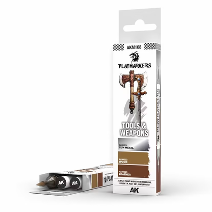 Playmarkers Acrylic Paint Marker - Tools & Weapons Set includes Gun Metal, Wood, and Leather for precise painting and blending in your projects.