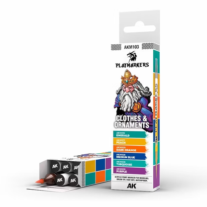 Playmarkers: Clothes & Ornaments Set includes 6 acrylic paint markers in vibrant colours, ideal for modellers and gamers. Fast-drying, water-resistant, and designed for precision.