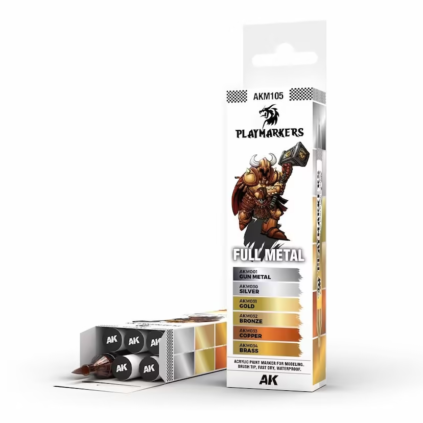 Playmarkers: Full Metal Set includes 6 acrylic paint markers in metallic colours, ideal for modellers and gamers. Fast-drying, water-resistant, and designed for precision.