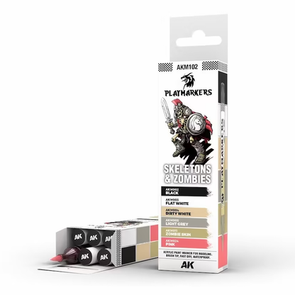Playmarkers: Skeletons & Zombies Set includes 6 acrylic paint markers in vibrant colours, ideal for modellers and gamers. Fast-drying, water-resistant, and designed for precision