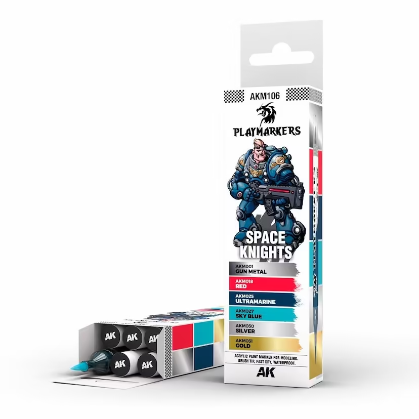 Playmarkers Acrylic Paint Marker - Space Knight Set includes Gun Metal, Red, Ultramarine, Sky Blue, Silver, and Gold for precise painting and blending.