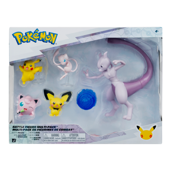 Pokémon Battle Figure Multi-Pack in its original window box packaging, containing Mew, Pikachu, Jigglypuff, and Eevee figures with a blue accessory piece. Pokémon 30th Anniversary Battle Figure 5 Pack featuring Pikachu, Jigglypuff, Pichu, Mew and Mewtwo