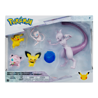 Pokémon Battle Figure Multi-Pack in its original window box packaging, containing Mew, Pikachu, Jigglypuff, and Eevee figures with a blue accessory piece. Pokémon 30th Anniversary Battle Figure 5 Pack featuring Pikachu, Jigglypuff, Pichu, Mew and Mewtwo