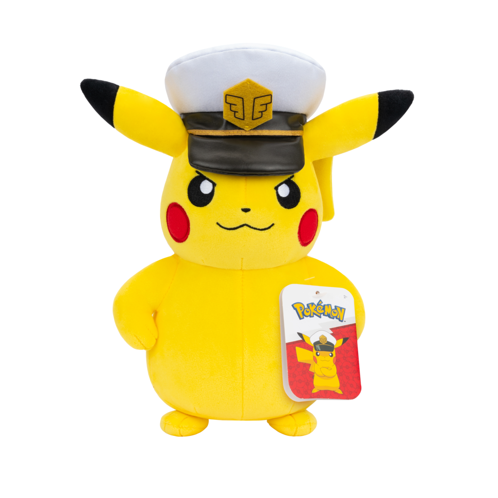 Plush toy of Pikachu wearing a captain's hat with a tag on a white background