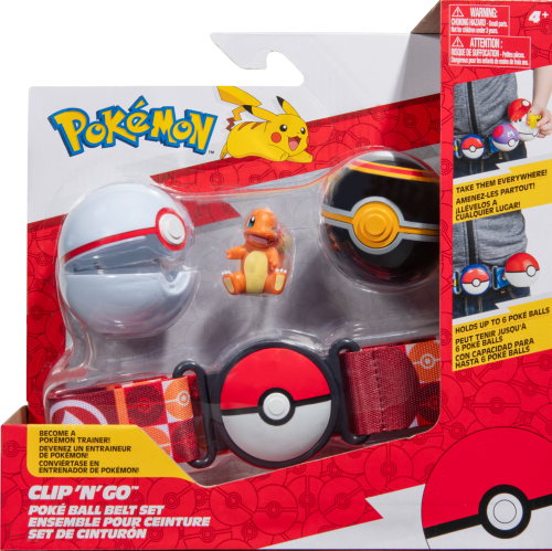 Pokemon Clip 'N' Go Poke Ball Belt Set in retail packaging, featuring a red and white belt with three attached Poke Balls, a small Charmander figure, and branded card backing. Pokémon Clip 'N' Go Charmander Poké Ball Belt Set with Trainer belt