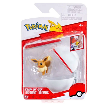 Pokémon Clip 'N Go Eevee toy figure in its original blister card packaging, featuring the small Eevee figure and a white Pokéball-style container with a red diagonal stripe. Pokémon Clip 'N' Go Eevee  Premier Ball Figure Set