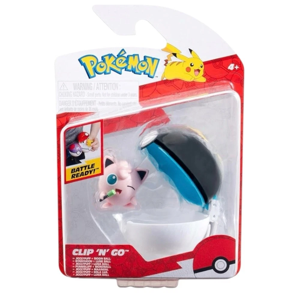 Pokémon Clip 'N Go toy figure in its original blister packaging, featuring the pink Jigglypuff holding a green clip and a black-and-blue Pokémon Ball. Pokémon Clip 'N' Go Jigglypuff & Moon Ball Figure Set