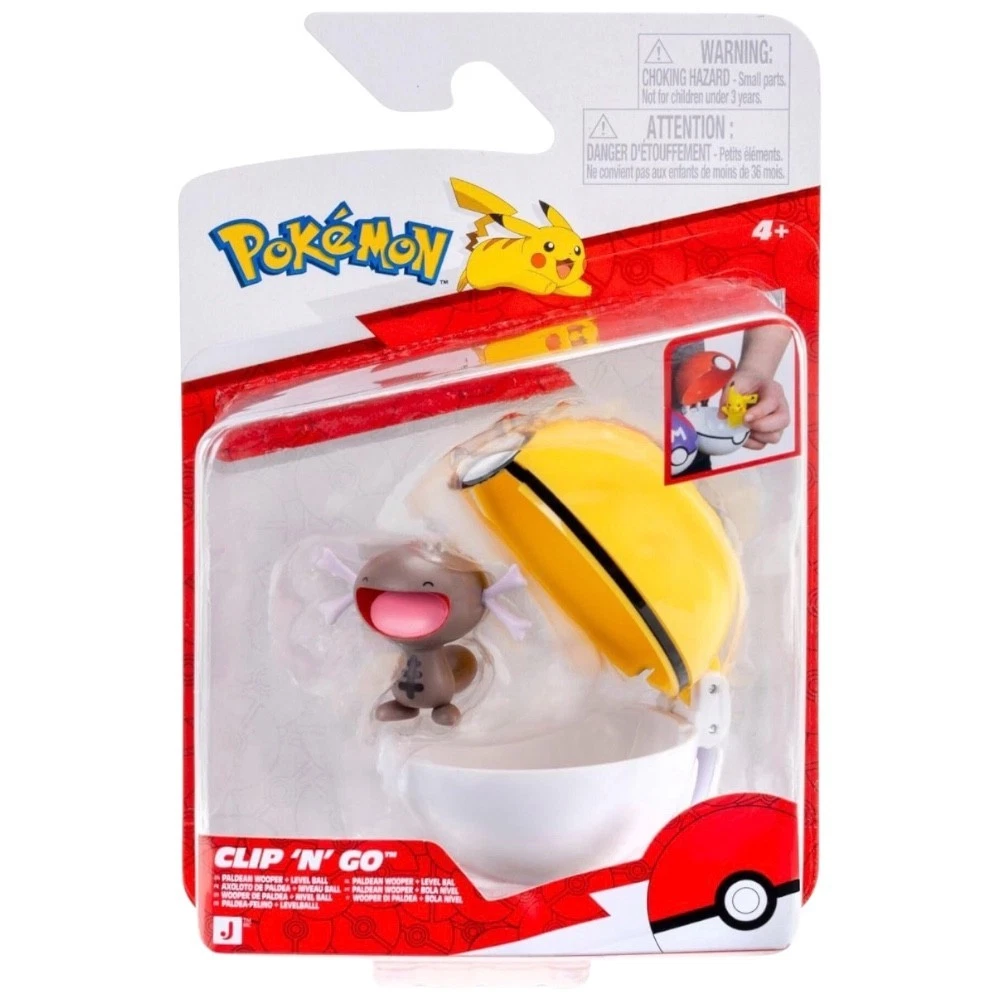Pokémon Clip 'N Go toy figure in its original blister card packaging, featuring a small grey creature with a pink tongue and a yellow-and-white capsule lid. Pokémon Clip 'N' Go Paldean Wooper & Level Ball Figure Set