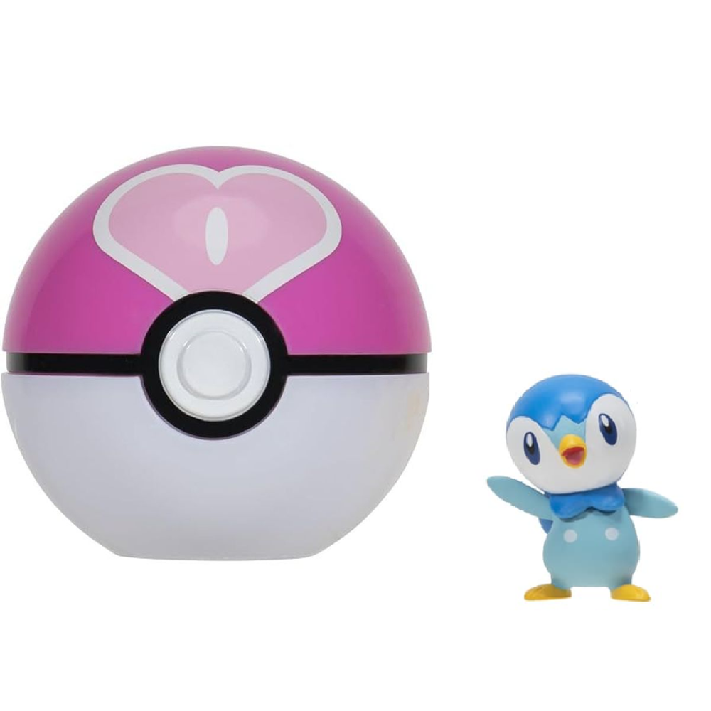 A pink and white Pokéball-shaped container or figure next to a small blue Piplup character figurine on a plain white background. Pokémon Clip 'N' Go Piplup & Love Ball Figure Set