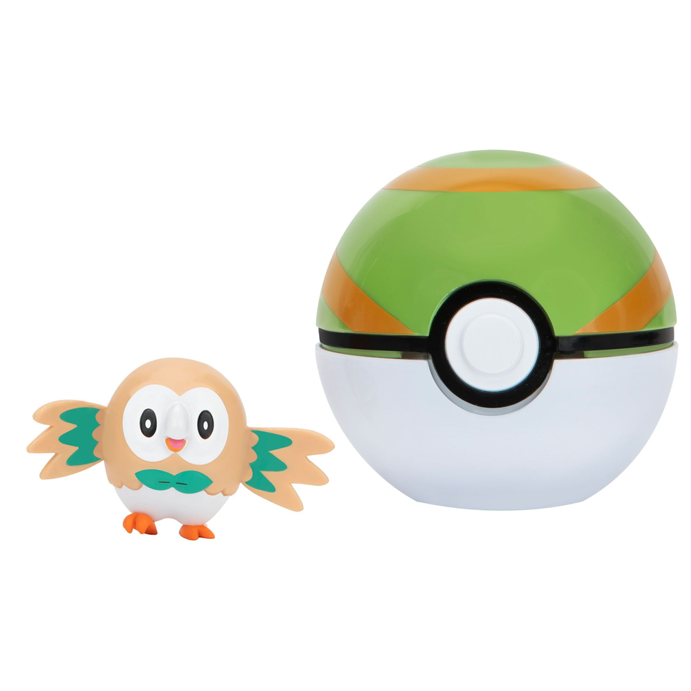 Small bird-like figure and Poké Ball on a white background. Pokémon Clip 'N' Go Rowlet Nest Ball Figure Set