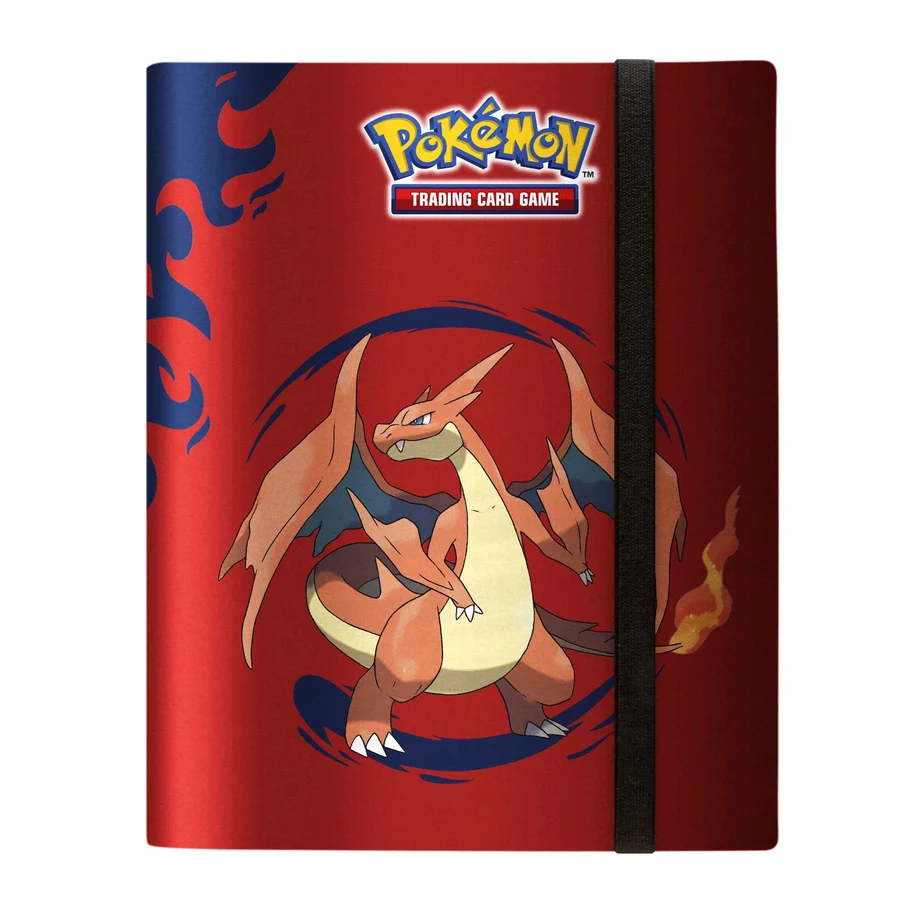 Pokémon trading card game binder with Charizard on a red background. Pokémon Mega Charizard X and Mega Charizard Y Ultra PRO 9-Pocket PRO-Binder 360 cards