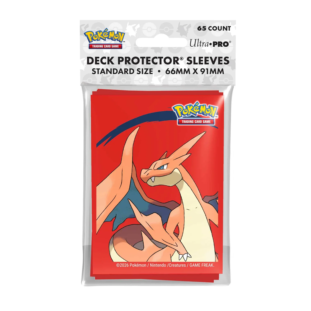 Pack of Pokémon card sleeves with a dragon-like creature design on a red background. Pokémon: Mega Charizard Y Deck Protector Sleeves - Ultra Pro